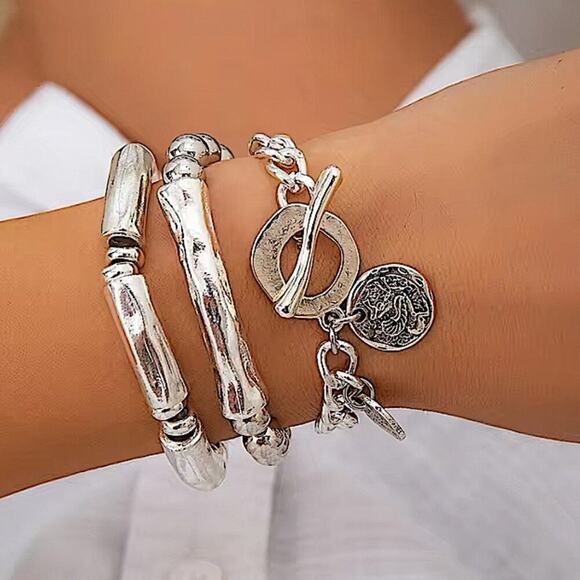 Stainless Steel Bracelet Set Chain Link Bamboo Statement Silver - Picture 3 of 6